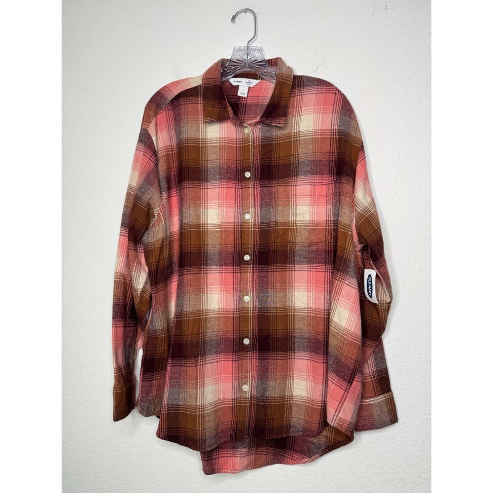 Old Navy The Boyfriend Shirt Brown Pink Plaid Flannel Button Down Womens‎ Size L